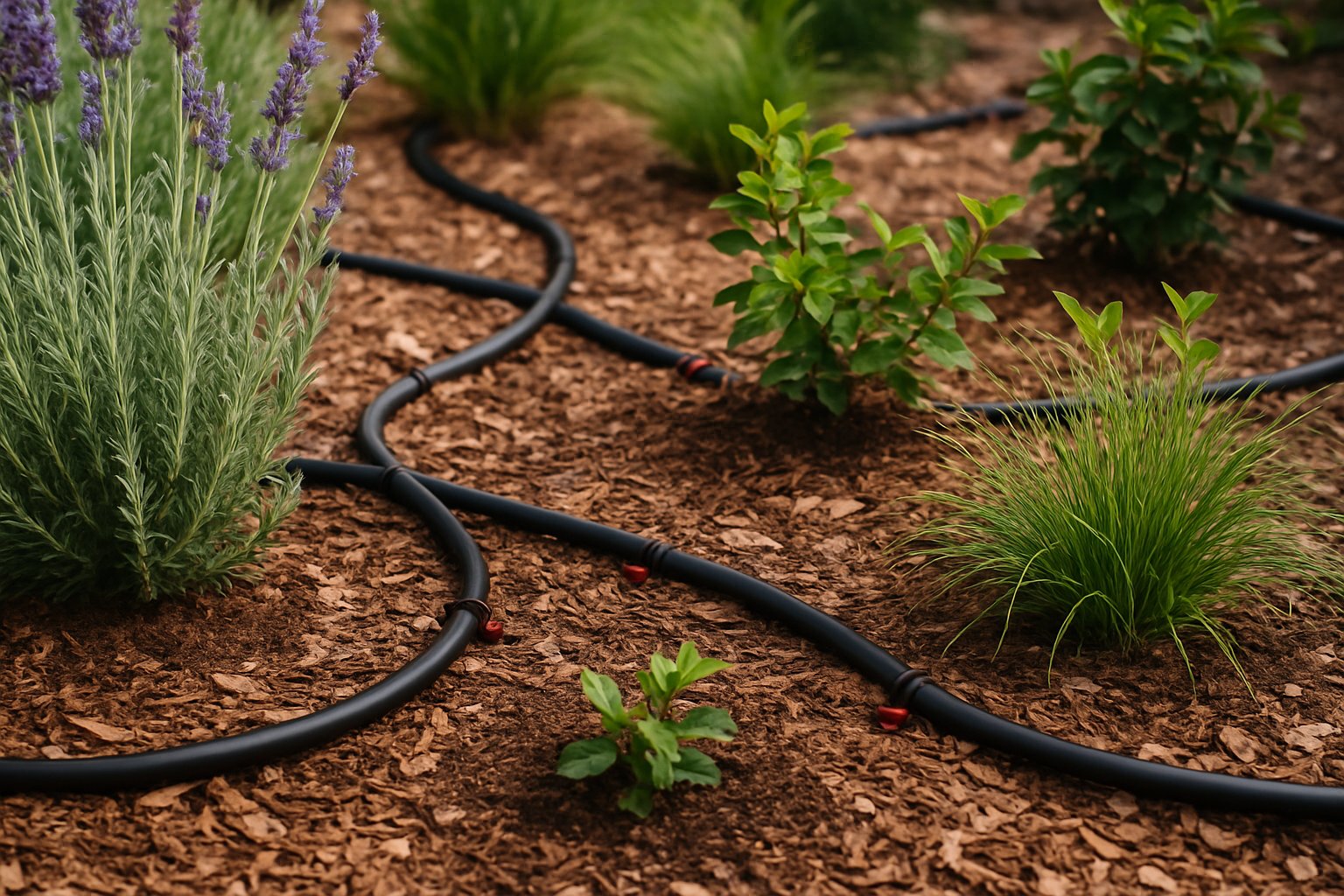 Drip irrigation line routed neatly through a planted garden bed