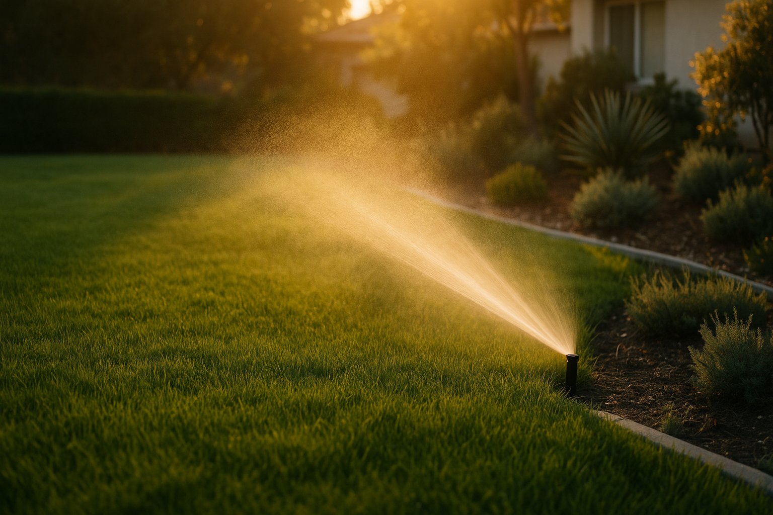 Green California lawn with an efficient sprinkler spraying at golden hour