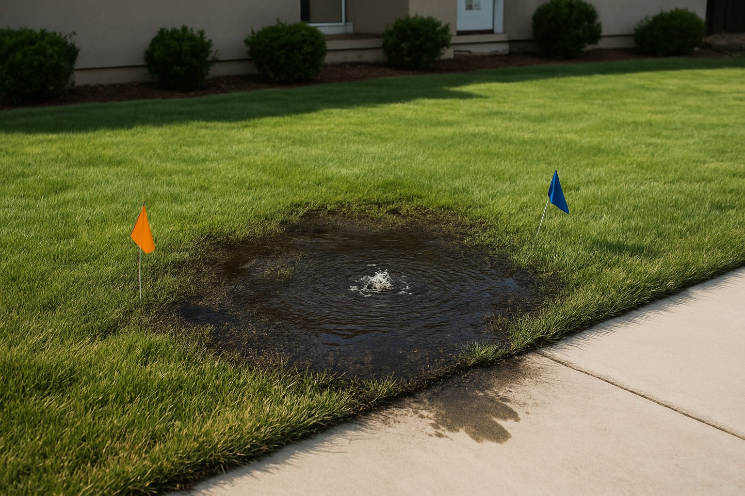 Localized wet patch in a lawn revealing an underground irrigation leak