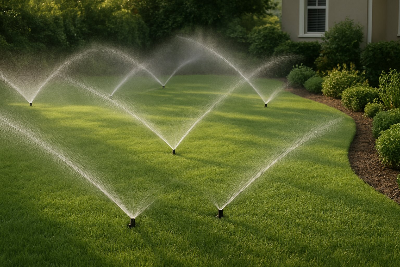 Irrigation system coverage check with several sprinklers running evenly