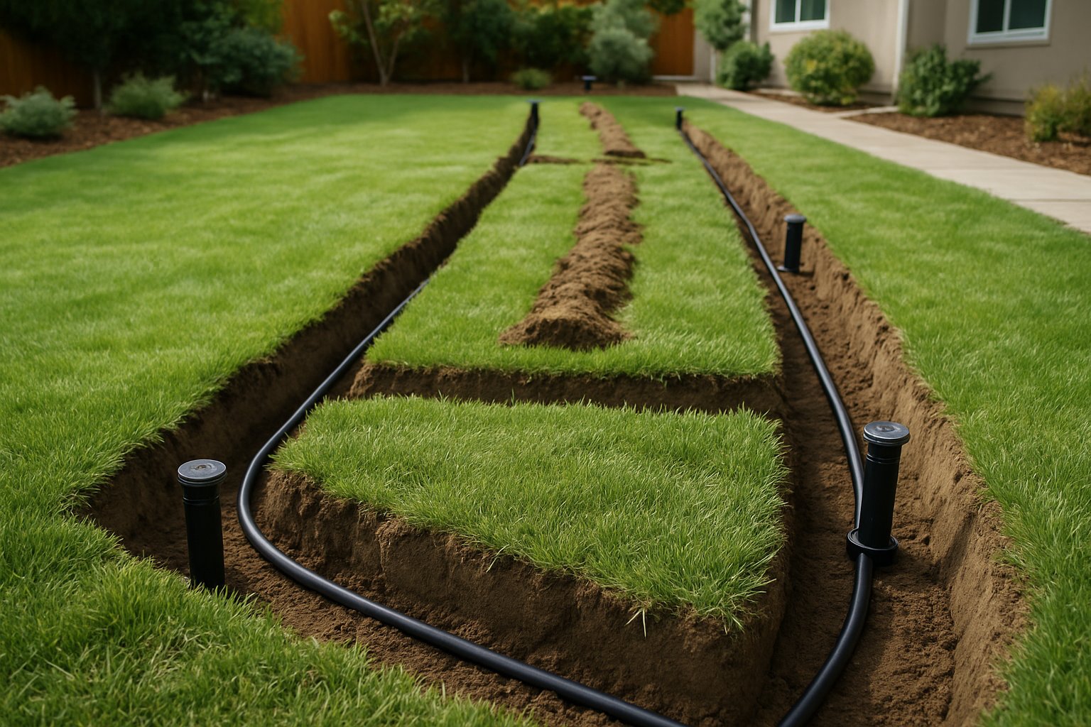 New sprinkler heads and clean irrigation trenching in a California lawn