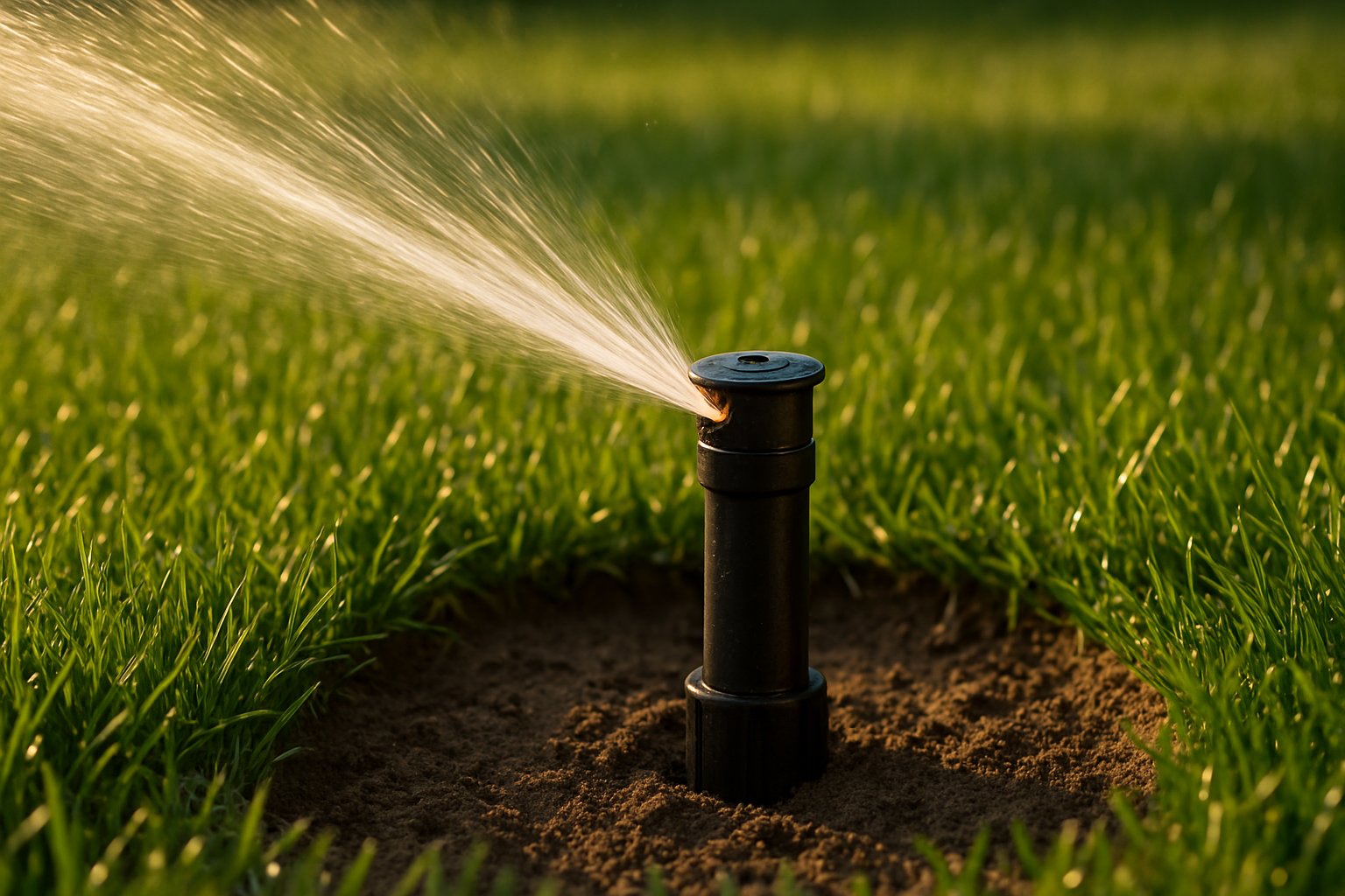 Repaired pop-up sprinkler head spraying evenly across green grass